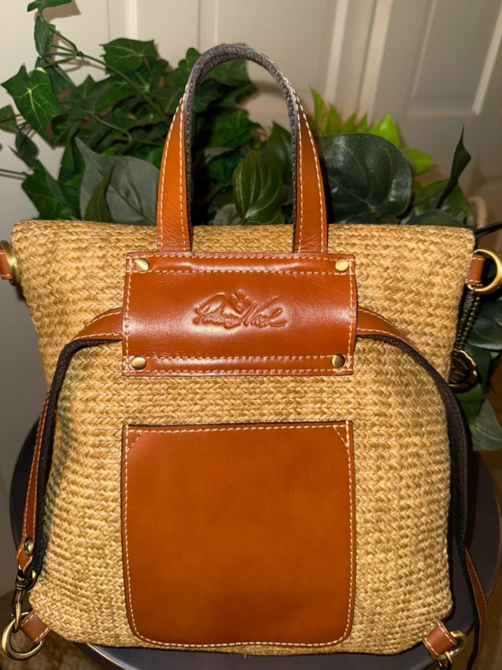 Patricia Nash Woven Straw Converter Backpack to Crossbody Bag Leather Trim - Picture 6 of 15